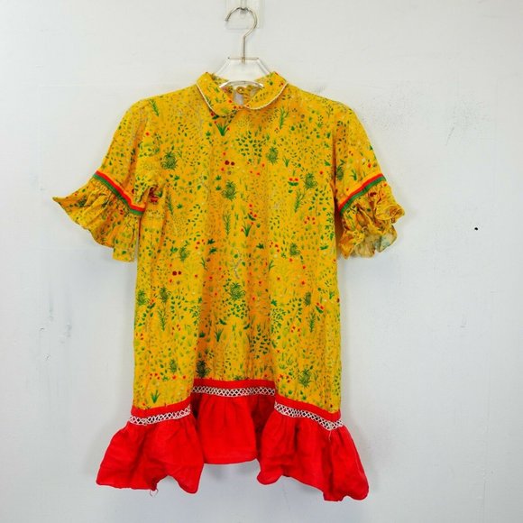 MAK Girl Yellow Red Mini Dress 12 13 Floral Pineapple Ruffle Lace Collared Mesh - Picture 3 of 12